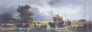 Landschaft Mit Heuernte Und Vieh Am Wasser by Eduard Schleich the Elder