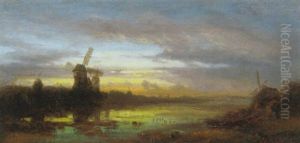 Hollandische Landschaft Mit Windmuhlen Bei Einem Wasser Bei Sonnenuntergangsstimmung by Eduard Schleich the Elder