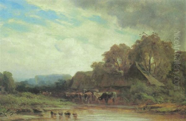 Kuhe An Der Tranke Bei Einem Teich Vor Dem Bauerngehoft - view 1