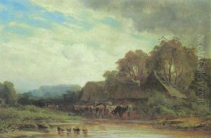 Kuhe An Der Tranke Bei Einem Teich Vor Dem Bauerngehoft by Eduard Schleich the Elder