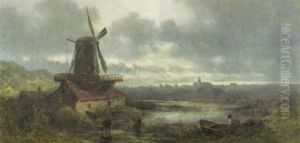 Gewitterstimmung Uber Einer Hollandischen Landschaft Mit Einer Windmuhle by Eduard Schleich the Elder