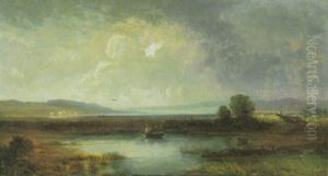 Gebirgssee, Vorn Ein Dirndl Im Kahn Bei Gewitterstimmung by Eduard Schleich the Elder