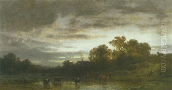 Kuhe An Der Tranke In Einem Kleinen Teich Nahe Einem Bauernhaus - view 1