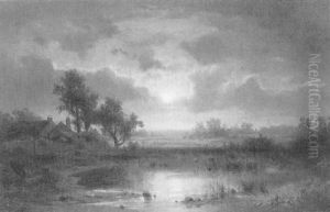 Moorlandschaft Mit Farm Im Abendlicht by Eduard Schleich the Elder