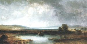 Voralpenlandschaft Mit Einem Fischerboot Im Schilf