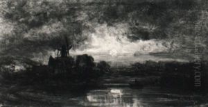 Mondscheinlandschaft Mit Einer Windmuhle by Eduard Schleich the Elder