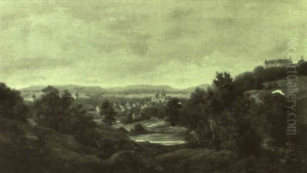 Voralpenlandschaft Mit Einem Stadtchen Und Hochgelegener Burganlage - view 1