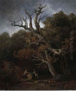 Unter Einer Abgestorbenen Eiche Zersagen Zwei Holzfaller    Einen Grossen Baumstamm by Eduard Schleich the Elder