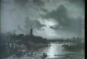 Mondnacht An Der Hollandischen Kuste by Eduard Schleich the Elder