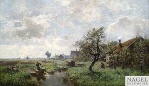 Weite Sommerlandschaft Mit Bauernhausern Und Wascherinnen An Einem Bach