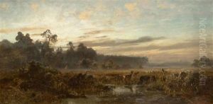 Dachau Bogland With Two Deer In The Early Morning by Eduard Schleich the Younger