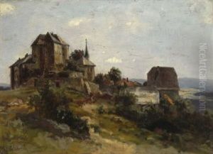 Blick Auf Ein Dorf Mit Burg by Eduard Schleich the Younger