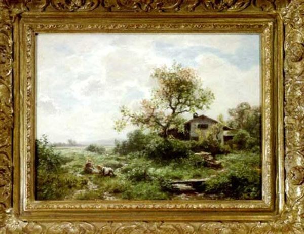 Fruhlingslandschaft Mit Bauernhaus Und Spielenden Kindern Im Vordergrund - view 1