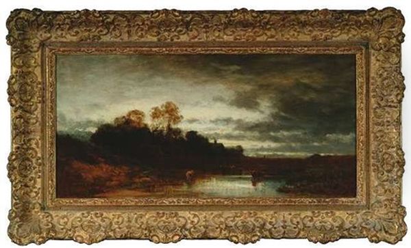 Voralpenlandschaft Unter Bewolkten Himmel, Im Vordergrund Einige Kuhe Im Seichten Gewasser - view 1