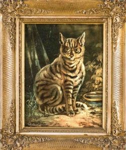 Vor Einer Schussel Im Garten Sitzende, Getigerte Katze