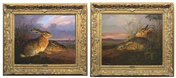 Kauernde Hasen In Der Abenddammerung (+ Another, Similar; Pair) - view 1