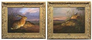 Kauernde Hasen In Der Abenddammerung (+ Another, Similar; Pair)