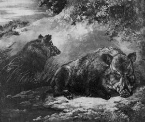 Zwei Wildschweine In Der Kuhle by August Schleich