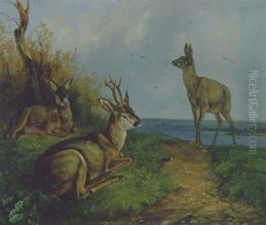 Drei Rehe In Landschaft by August Schleich