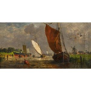 Flusspartie Mit Booten Und Windmuhlen by Robert Schleich
