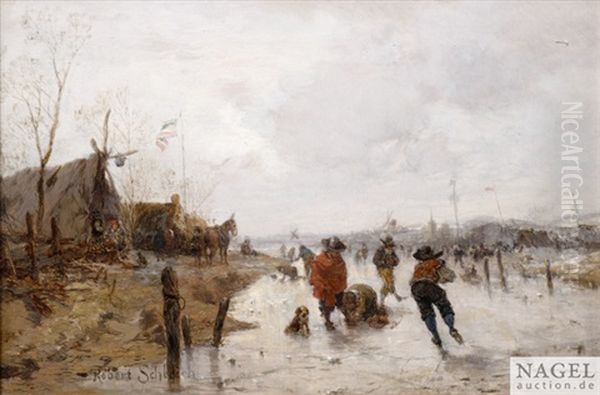 Hollandische Winterlandschaft Mit Eislaufern Auf Einem Zugefrorenen Kanal - view 1