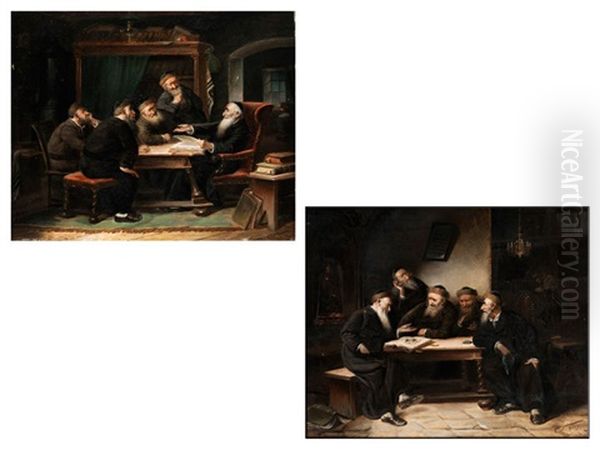 Gesprachsrunde Von Funf Alten, Bartigen Gelehrten, Die In Einem Innenraum Mit Lavabo-nische Und Kronleuchter Sitzen (+ Stube Eines Rabbiners, Der Rechts In Einem Hohen Ohrenbackenstuhl Sitzt; Pair) - view 1
