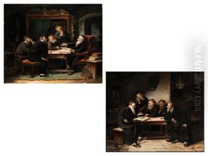 Gesprachsrunde Von Funf Alten, Bartigen Gelehrten, Die In Einem Innenraum Mit Lavabo-nische Und Kronleuchter Sitzen (+ Stube Eines Rabbiners, Der Rechts In Einem Hohen Ohrenbackenstuhl Sitzt; Pair) by Carl Schleicher