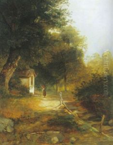 Bjerglandskab Med Pige Med Ved Kapel by Eduard Schleiden