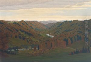 Blick In Das Isartal. Prachtvolle Herbststimmung Mit Weitem Blick In Die Alpen by Carl Schleinkofer