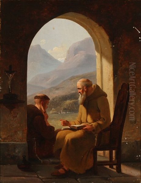 Two Monks In A Loggia With A View Of A Mountain Landscape - view 1
