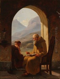 Two Monks In A Loggia With A View Of A Mountain Landscape