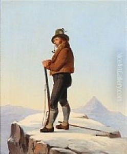 A Tyrolean Hunter On A Snowy Mountain Peak by Christian Andreas Schleisner
