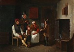 Interior With A Boy Performing In Front Of A Family by Christian Andreas Schleisner