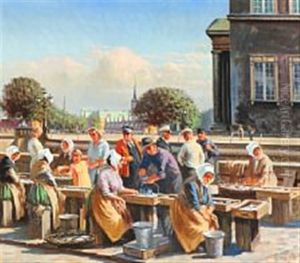Fishermen's Wives Selling Fish At Gl. Strand In Copenhagen by Christian Andreas Schleisner