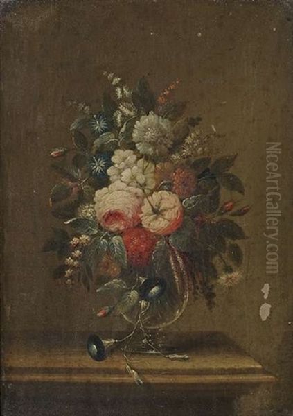 Stilleben Mit Bunten Sommerblumen In Bauchiger Glasvase Auf Einem Tisch (+ Another, Similar; Pair) - view 1