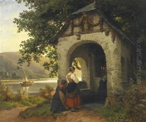Capelle An Der Mosel. Andachtige Bauerinnen Vor Kleiner Marienkapelle Am Flusufer by Carl Schlesinger