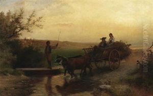 Heimkehr Am Abend. Bauernpaar Mit Erntewagen An Einer Furt by Carl Schlesinger