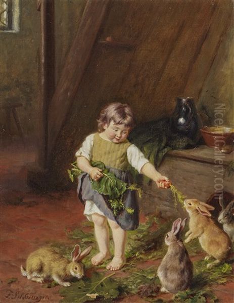 Girl Feeding Rabbits - view 1