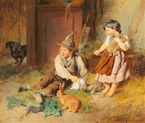 Siblings With A Bunny And A Dachshund