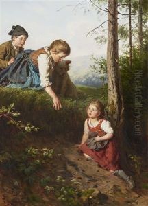 Drei Kinder Beim Beerenpflucken Im Wald