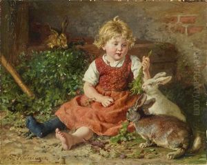 Girl Feeding Rabbits by Felix Schlesinger