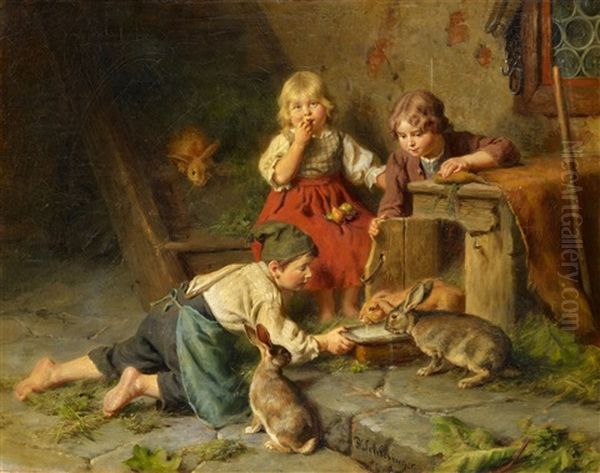 Three Children Feeding Rabbits - view 1