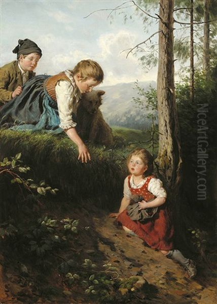Three Children Picking Berries In The Forest - view 1