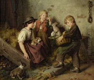 Drei Kinder Mit Hasen Im Stall by Felix Schlesinger