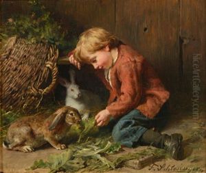 L'enfant Jouant Avec Les Lapins by Felix Schlesinger