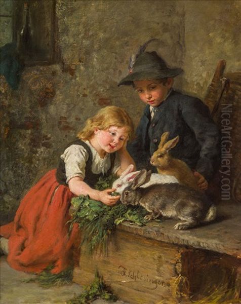 Two Childred Feeding Rabbits - view 1