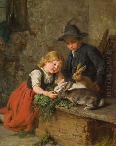 Two Childred Feeding Rabbits by Felix Schlesinger