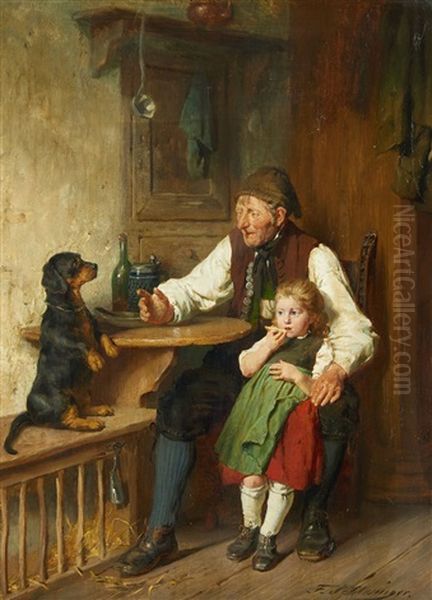 Rustic Interior With Grandfather, Granddaughter And Dog - view 1