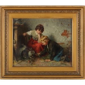 Children Feeding Rabbits by Felix Schlesinger
