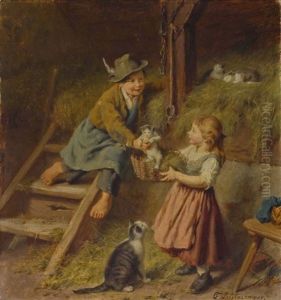 Zwei Kinder Mit Katzen Zwei Kinder Mit Katzen